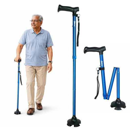 Simon’s Uno Foldable Aluminum Walking Stick with 360° Pivot Base, Foldable & Height Adjustable – Blue