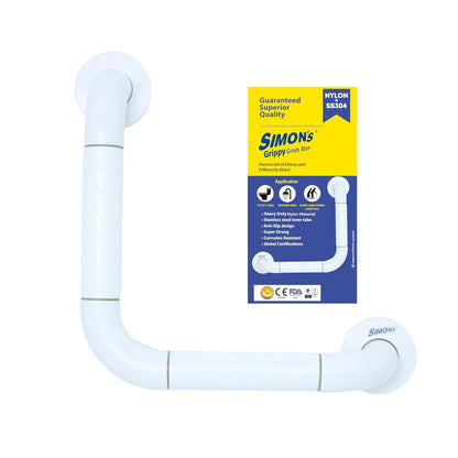 Simon's Grippy Heavy-Duty Nylon + SS304 Inside Bathroom and Toilet Anti Slip 90 Degree Grab bar for Elderly Hand Railing and Safety Handle| White | 3.5 cm Broad, 30 cm X 30 cm L-Shape Grab Rail