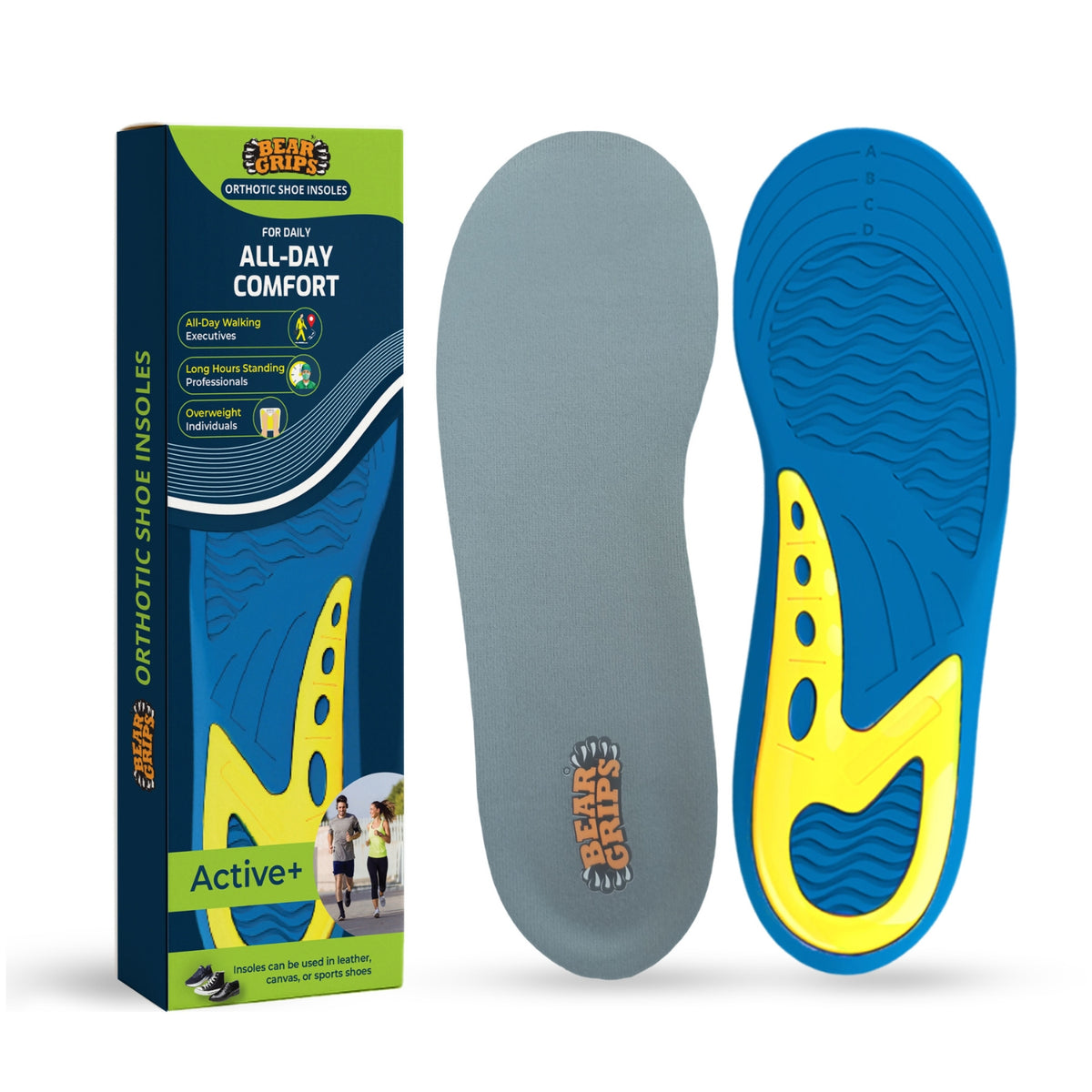 Orthotic shoe insoles box with grey top layer and blue yellow cushioned arch support inserts
