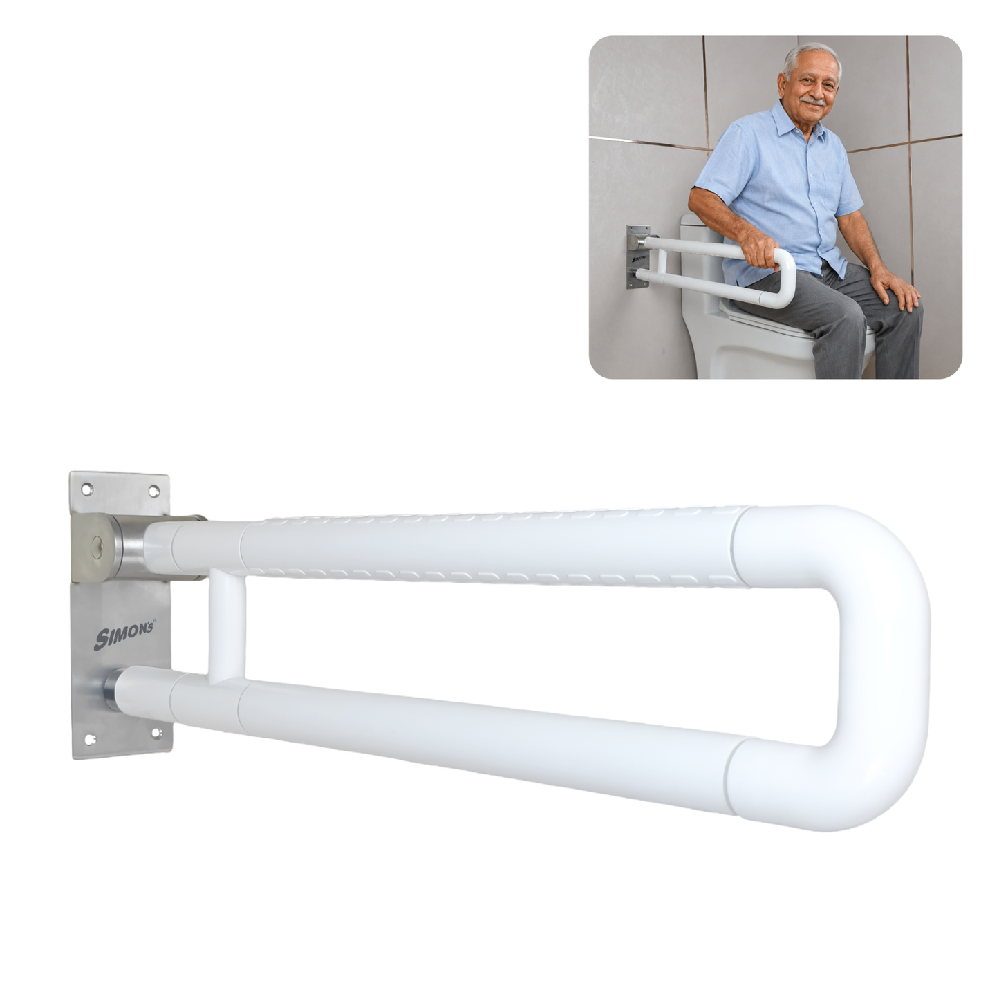 Simon’s Grippy Classic Folding Grab Bar for Elderly, Seniors | Toilet & Commode Safety Support Handle | ABS Outer Tube + SS304 Reinforced Core | Corrosion-Resistant | 60 cm | Pack of 1
