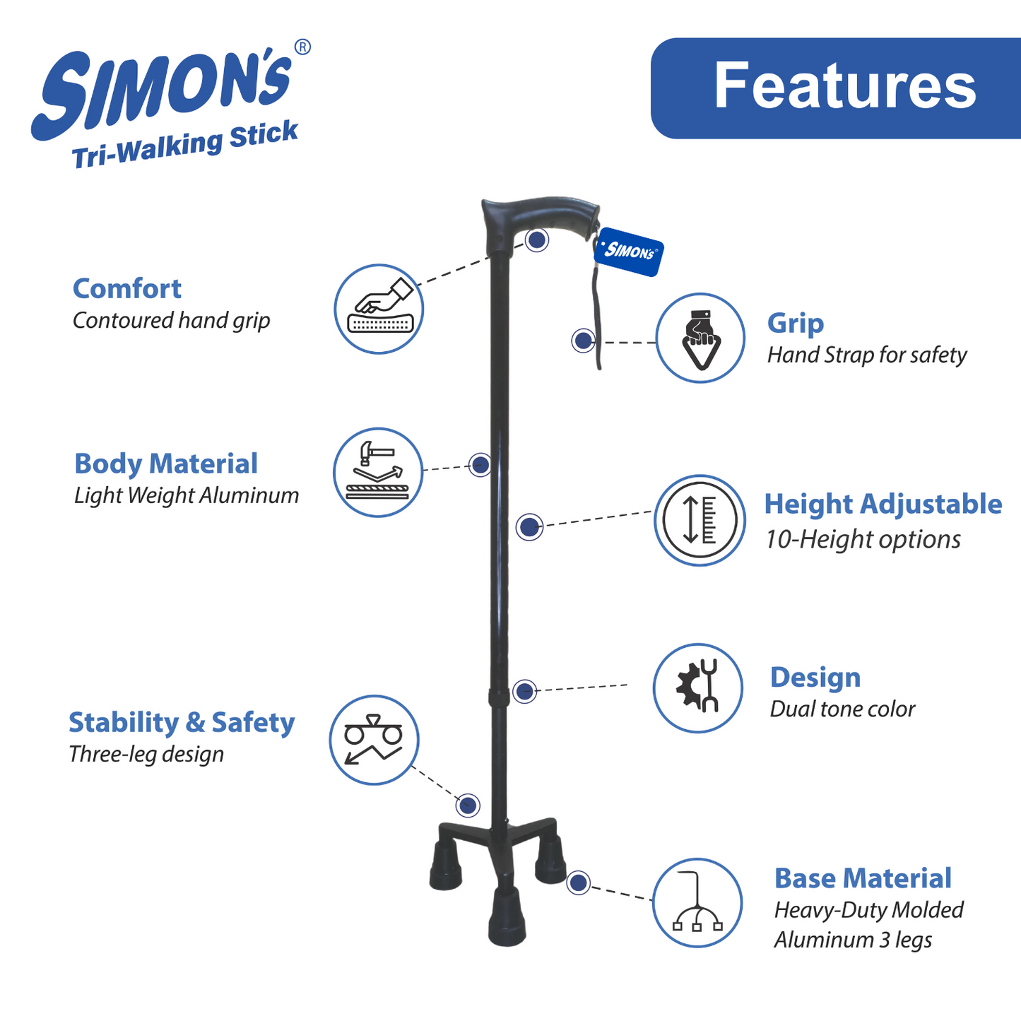 Simon’s Aluminum Walking Stick with 3-Legs | Lightweight Height Adjustable Hand Stick for Elderly, Handicapped and Patients Walking Support | Tripod Legs| Color - Black