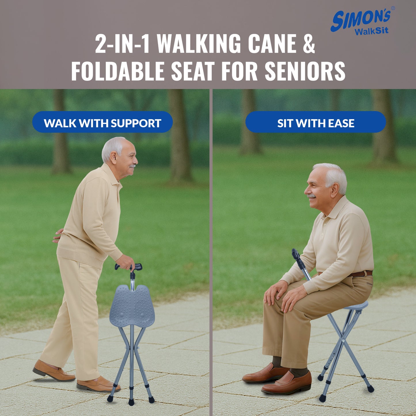 Simon’s WalkSit Walking Stick with Seat Height Adjustable | Broad Seat | 136 Kg Weight Capacity