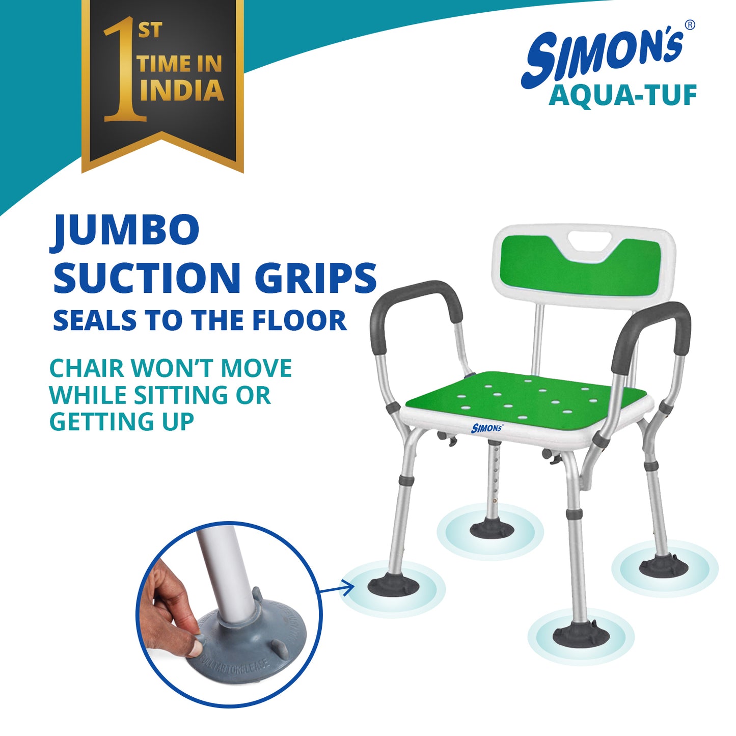 Simon’s Aqua-TUF Heavy-Duty Bath Chair for Elderly, Senior Citizens to sit and take Bath, Shower Bench with Jumbo Suction Grips Base | Height Adjustable & Tool-Free Assembly - Green - Pack of 1
