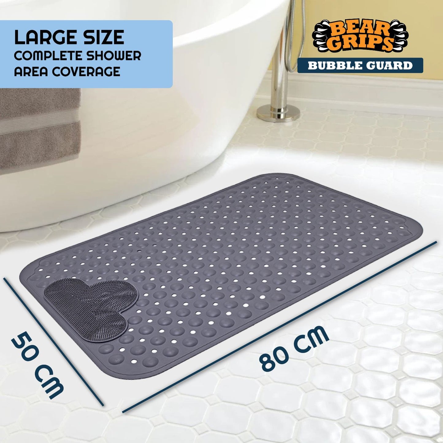 BEAR GRIPS BubbleGuard Anti-Slip Bathroom Shower mat with Anti-Skid Suction Cups and Foot Scrub | TPE Material | Large Size 80 X 50 Cm| Stone Grey