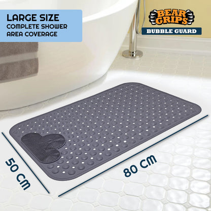 BEAR GRIPS BubbleGuard Anti-Slip Bathroom Shower mat with Anti-Skid Suction Cups and Foot Scrub | TPE Material | Large Size 80 X 50 Cm| Stone Grey