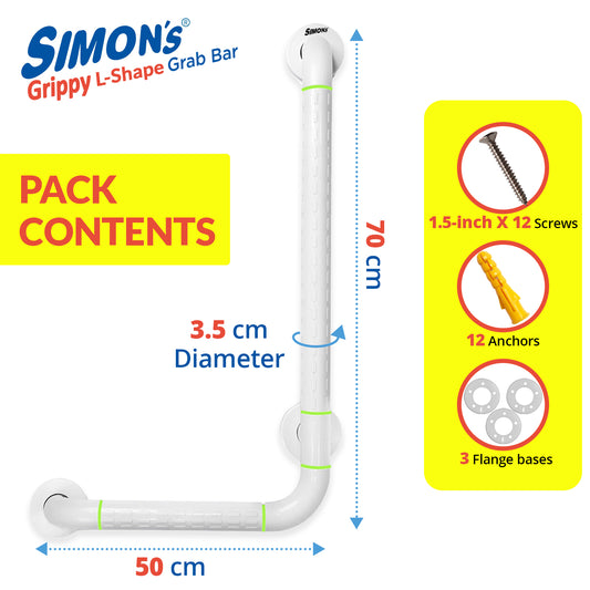 Simon's Grippy Heavy-Duty Nylon + SS304 Inside Bathroom and Toilet Anti Slip 90 Degree Grab bar for Elderly Hand Railing and Safety Handle| White | 3.5 cm Broad, 70cm X 50 cm L-Shape Grab Rail