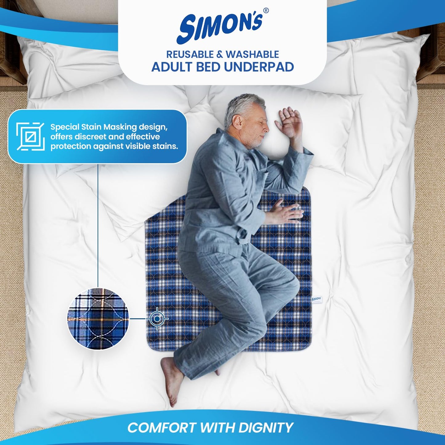 Simon’s Adult Reusable Stain-Mask Bed Underpad for Elderly Size 34 X 36 inches - Blue Check