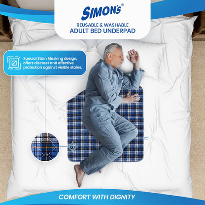 Simon’s Adult Reusable Stain-Mask Bed Underpad for Elderly Size 34 X 36 inches - Blue Check