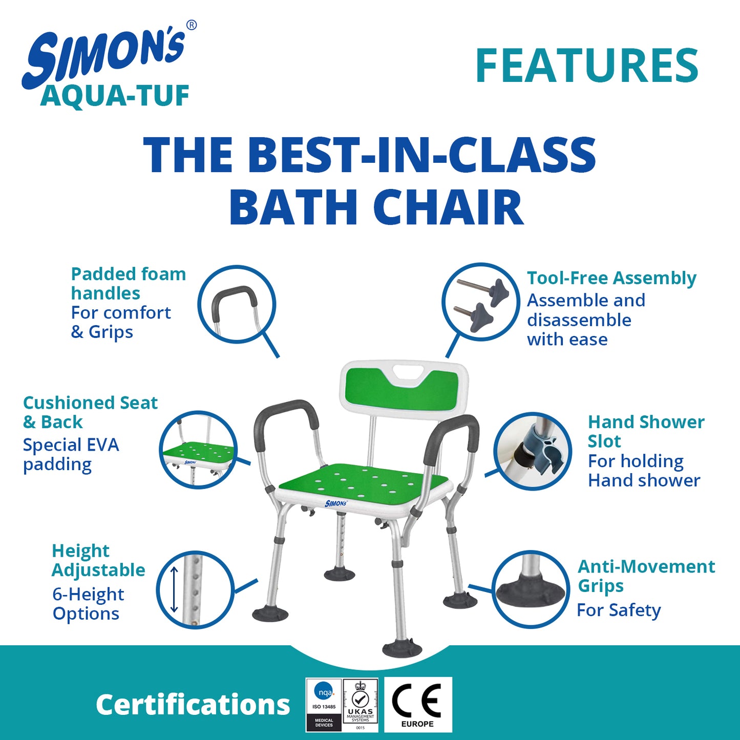 Simon’s Aqua-TUF Heavy-Duty Bath Chair for Elderly, Senior Citizens to sit and take Bath, Shower Bench with Jumbo Suction Grips Base | Height Adjustable & Tool-Free Assembly - Green - Pack of 1