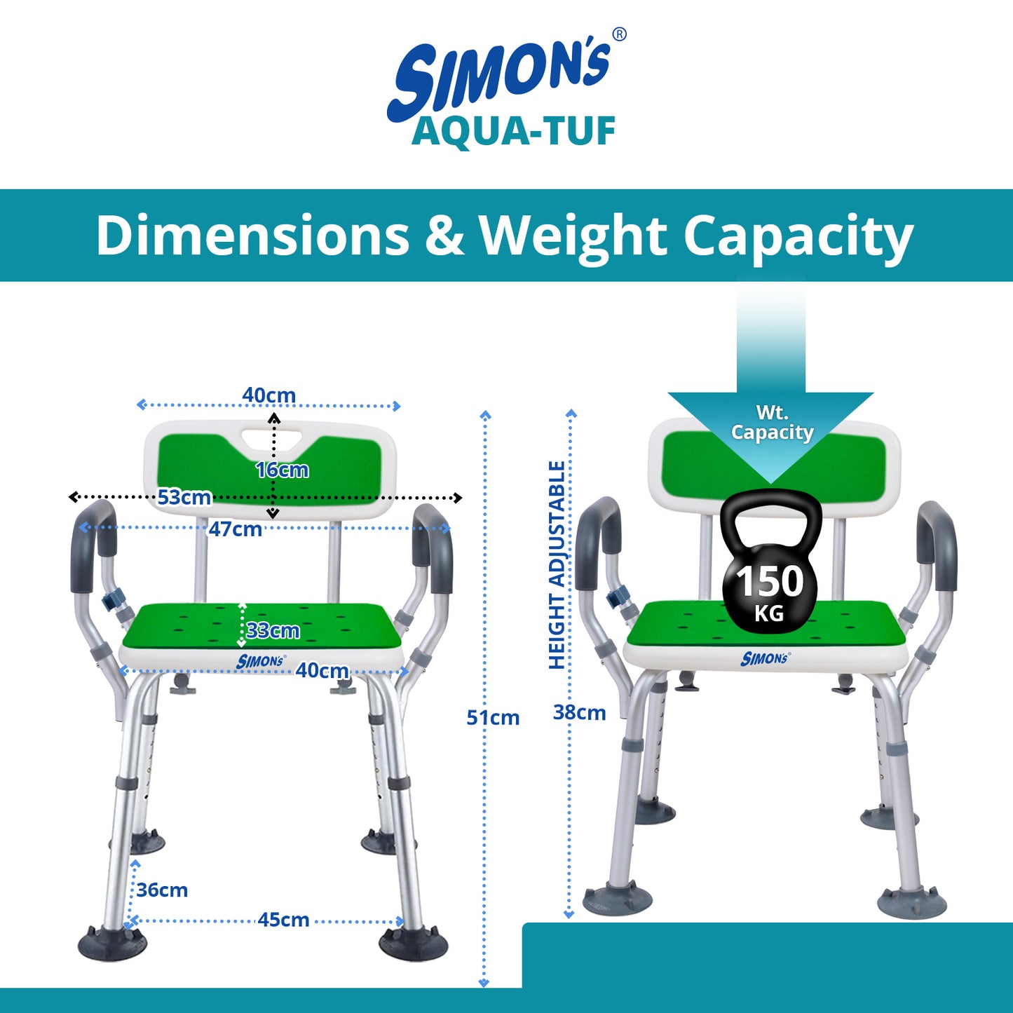 Simon’s Aqua-TUF Heavy-Duty Bath Chair for Elderly, Senior Citizens to sit and take Bath, Shower Bench with Jumbo Suction Grips Base | Height Adjustable & Tool-Free Assembly - Green - Pack of 1
