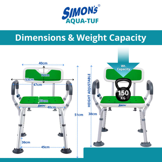Simon’s Aqua-TUF Heavy-Duty Bath Chair for Elderly, Senior Citizens to sit and take Bath, Shower Bench with Jumbo Suction Grips Base | Height Adjustable & Tool-Free Assembly - Green - Pack of 1