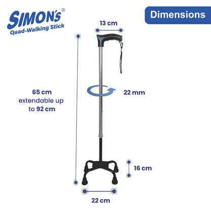 Simon’s Aluminum Walking Stick 4-Legs with Steel Base | Lightweight Height Adjustable Hand Stick for Elderly, Handicapped and Patients Walking Support | Quadripod Legs| Color – Steel Grey & Black