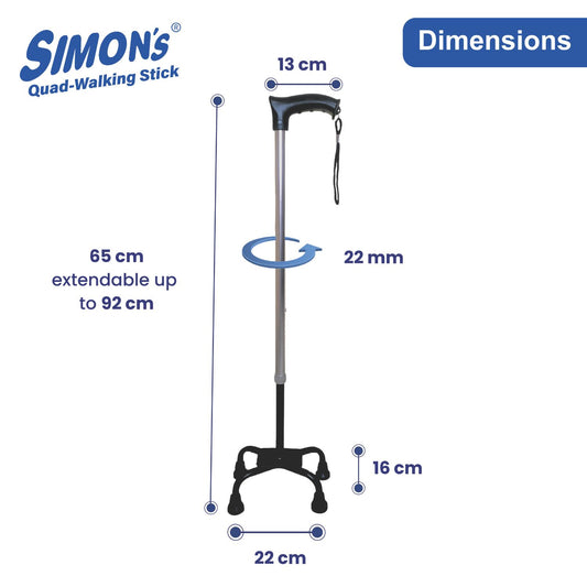 Simon’s Aluminum Walking Stick 4-Legs with Steel Base | Lightweight Height Adjustable Hand Stick for Elderly, Handicapped and Patients Walking Support | Quadripod Legs| Color – Steel Grey & Black