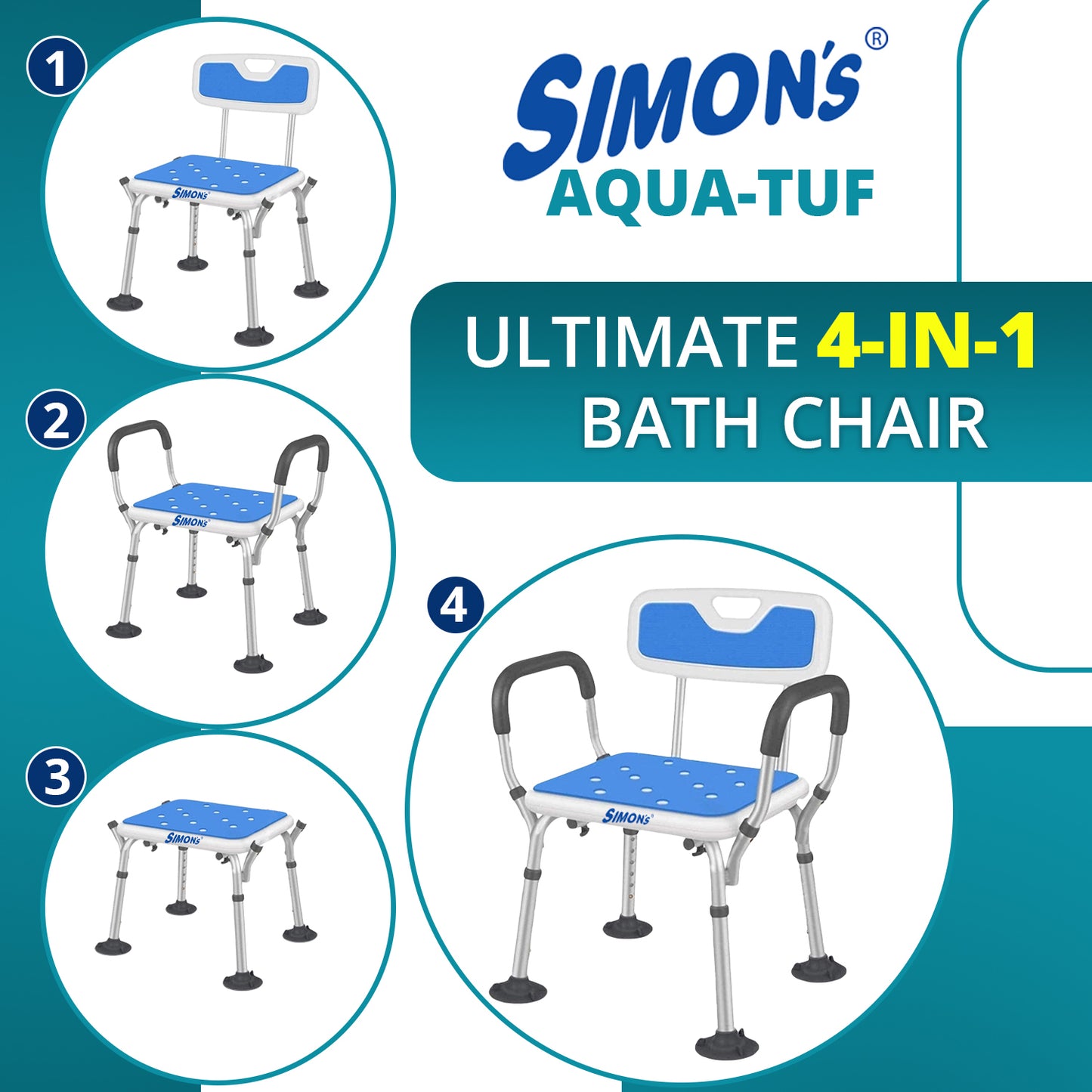 Simon’s Aqua-TUF Heavy-Duty Bath Chair for Elderly, Senior Citizens to sit and take Bath, Shower Bench with Jumbo Suction Grips Base | Height Adjustable & Tool-Free Assembly - Blue - Pack of 1
