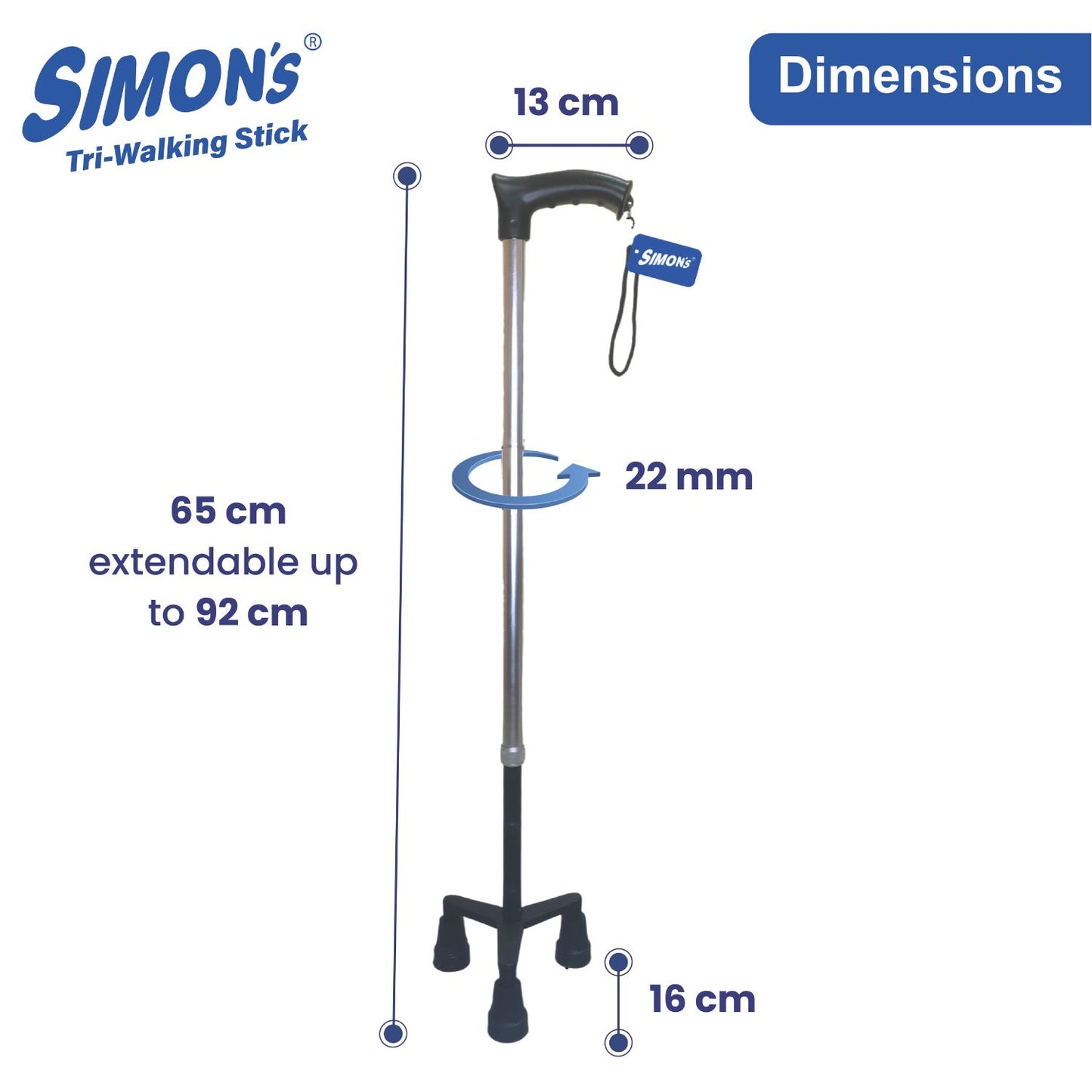 Simon’s Aluminum Walking Stick with 3-Legs | Lightweight Height Adjustable Hand Stick for Elderly, Handicapped and Patients Walking Support | Tripod Legs| Color – Steel Grey & Black