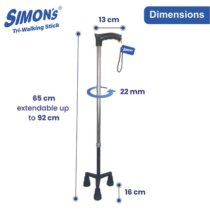 Simon’s Aluminum Walking Stick with 3-Legs | Lightweight Height Adjustable Hand Stick for Elderly, Handicapped and Patients Walking Support | Tripod Legs| Color – Steel Grey & Black