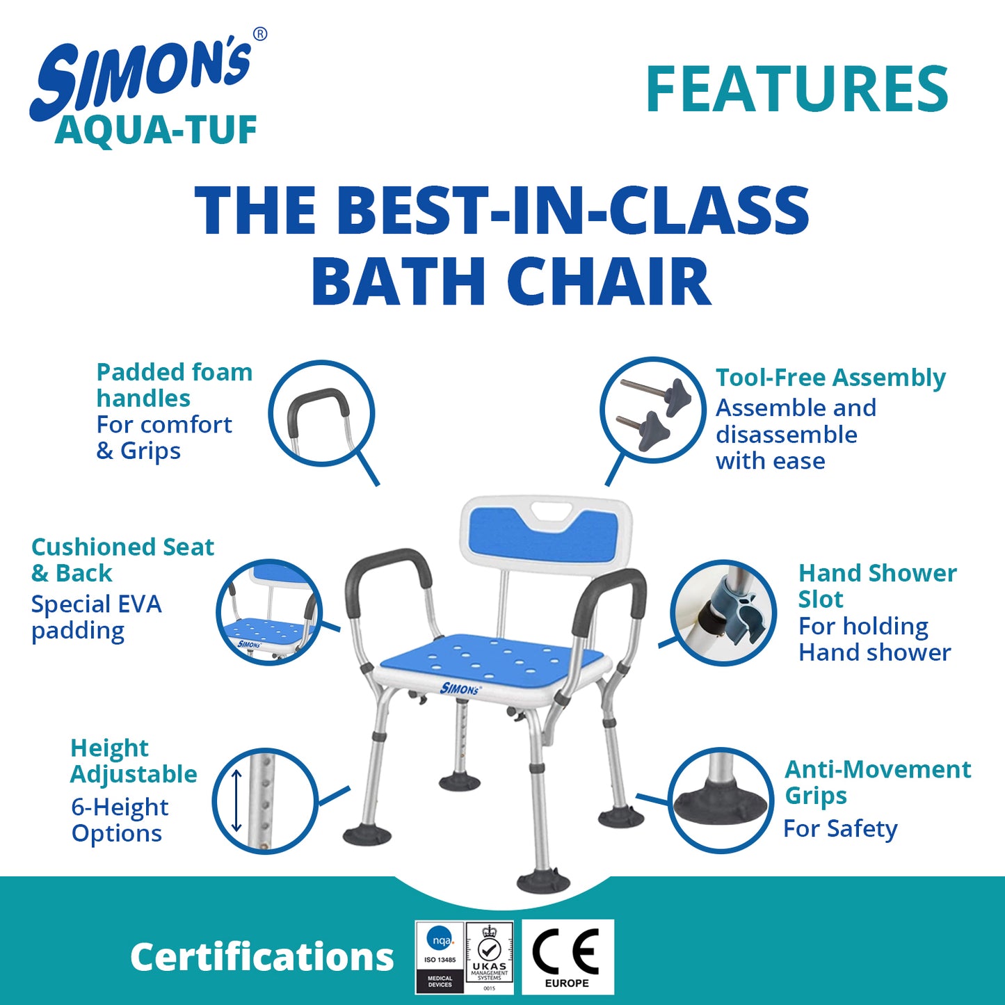 Simon’s Aqua-TUF Heavy-Duty Bath Chair for Elderly, Senior Citizens to sit and take Bath, Shower Bench with Jumbo Suction Grips Base | Height Adjustable & Tool-Free Assembly - Blue - Pack of 1