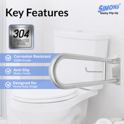 Simon’s Heavy-Duty Flip-Up Grab Bar – 60cm, Matte Finish Stainless Steel