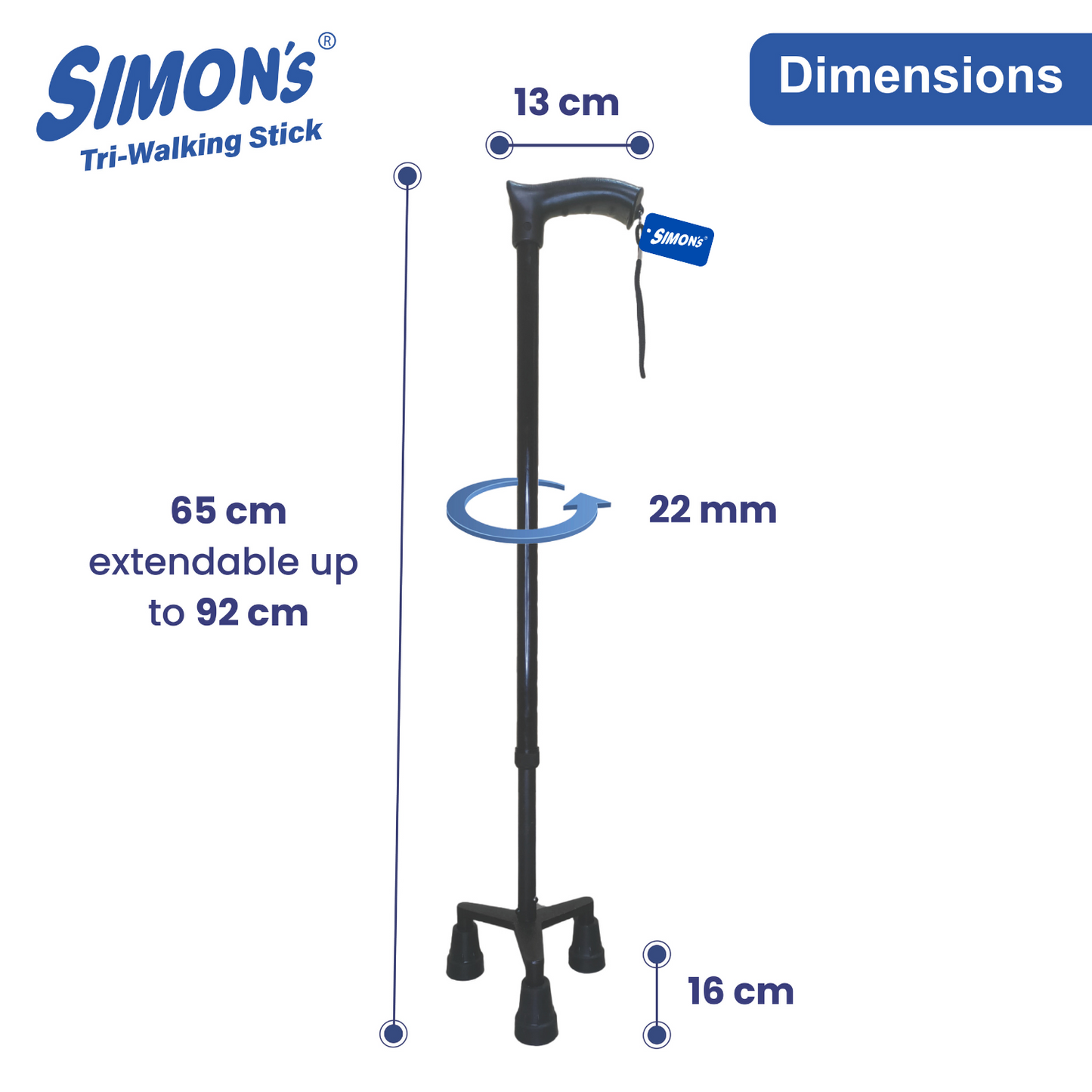 Simon’s Aluminum Walking Stick with 3-Legs | Lightweight Height Adjustable Hand Stick for Elderly, Handicapped and Patients Walking Support | Tripod Legs| Color - Black