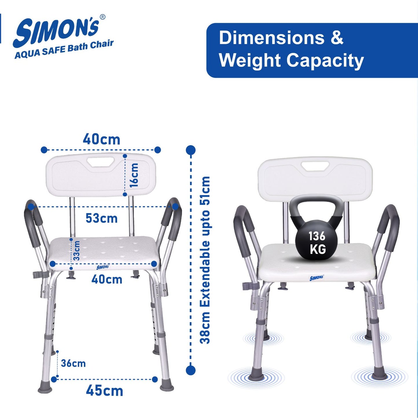 Simon’s Aqua-Safe Heavy-Duty Bath Chair for Elderly, Senior Citizens to sit and take Bath, Shower Bench with Height Adjustable & Tool-Free Assembly