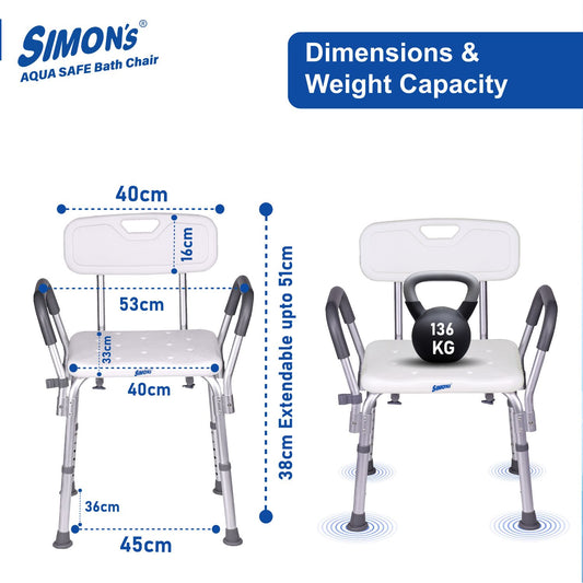Simon’s Aqua-Safe Heavy-Duty Bath Chair for Elderly, Senior Citizens to sit and take Bath, Shower Bench with Height Adjustable & Tool-Free Assembly
