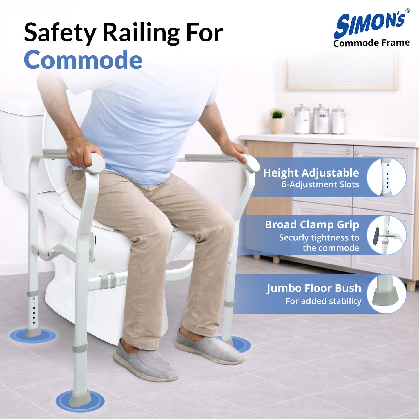 Simon's Heavy-Duty Steel Commode Frame for Elderly & Patients | Adjustable Height & Width Toilet Safety Rail | Powder Coated Rust-Resistant Frame | 3-Position Clamp Lock | Anti-Slip Grip Handles