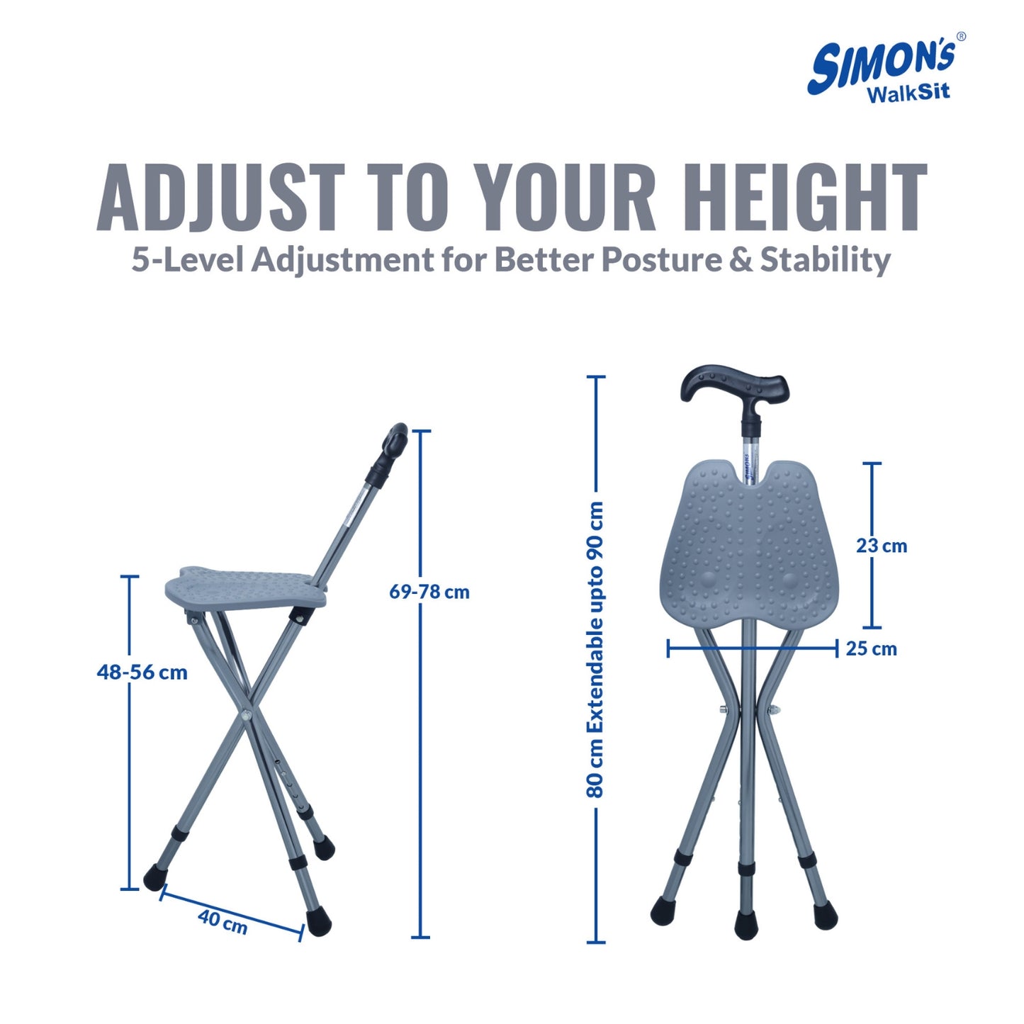 Simon’s WalkSit Walking Stick with Seat Height Adjustable | Broad Seat | 136 Kg Weight Capacity