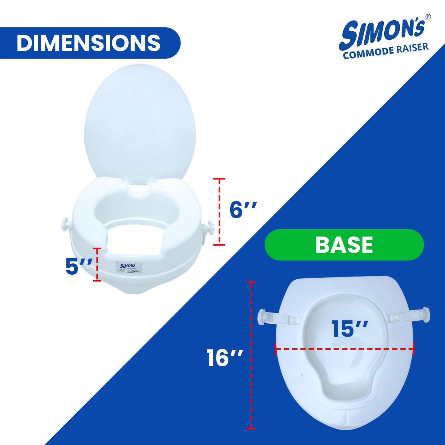 Simon’s Heavy-Duty 6 Inch Commode seat raiser with lid cover – for elderly to sit and rise from commode toilets, portable seat extension for senior citizen with knee pain - Pack of 1