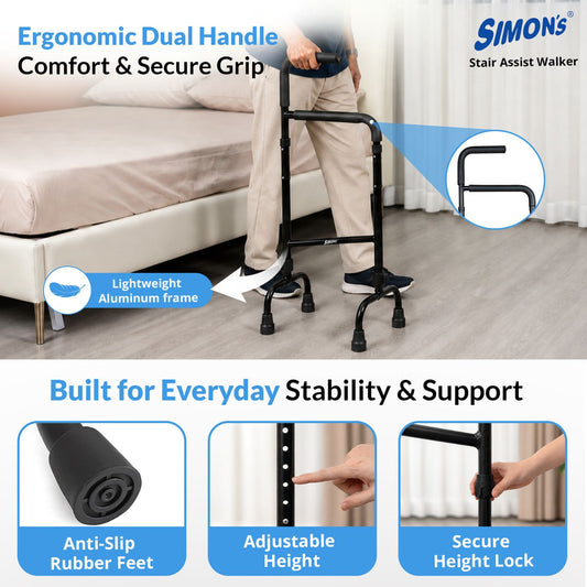 Simon’s Stairs Assist Walker | Light-weight Aluminum material with Quad legs| Upstairs & Downstairs Support for Elderly and limited mobility patients on Steps | Standing support in Toilet, Indoors & Outdoors | Height Adjustable
