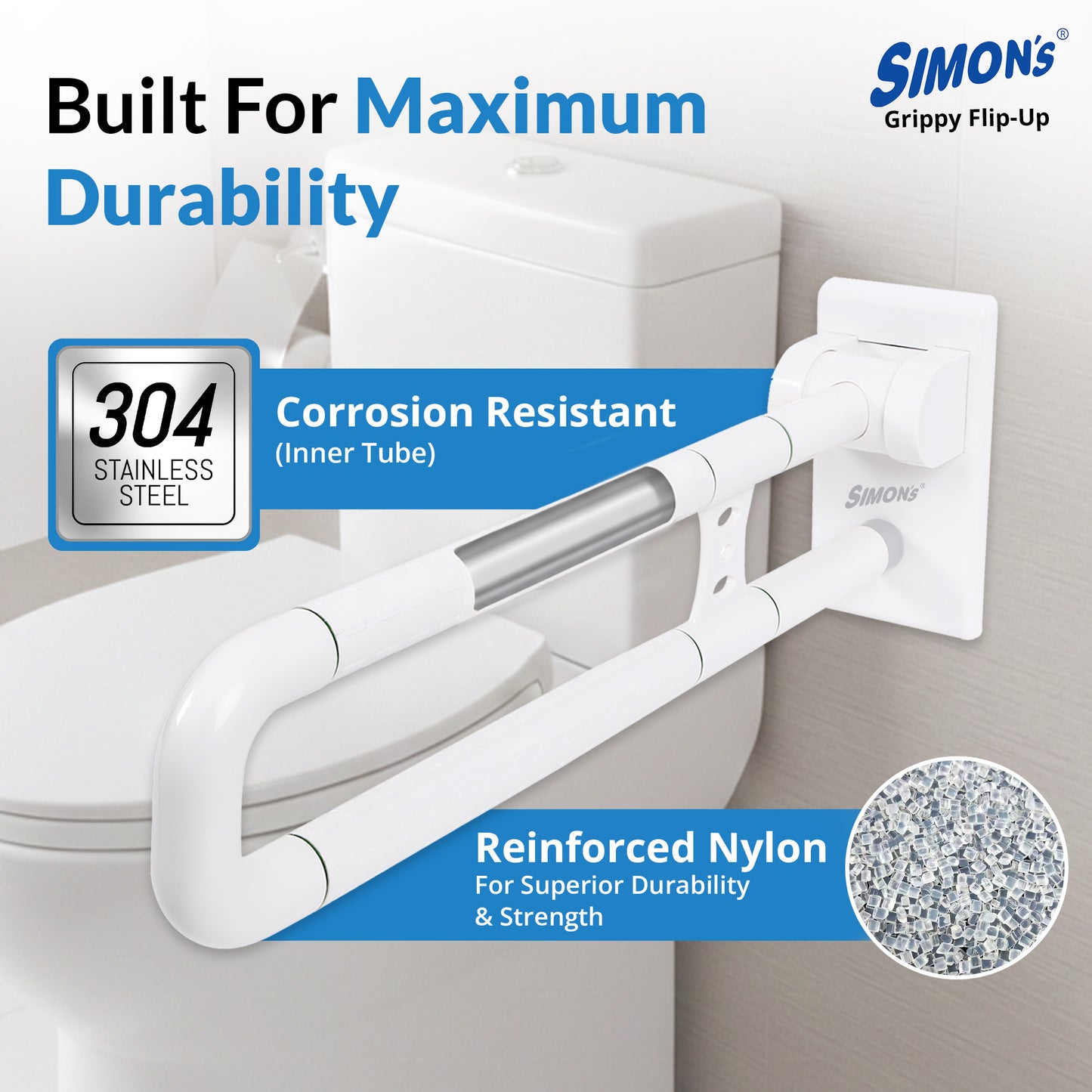 Simon’s Grab Bar for Commode 60cm – Flip-Up Nylon & SS304 Support