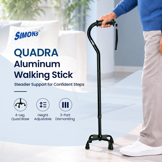 Simon’s Quadra Aluminum Walking Stick with Four-Leg Base, Height Adjustable – Black