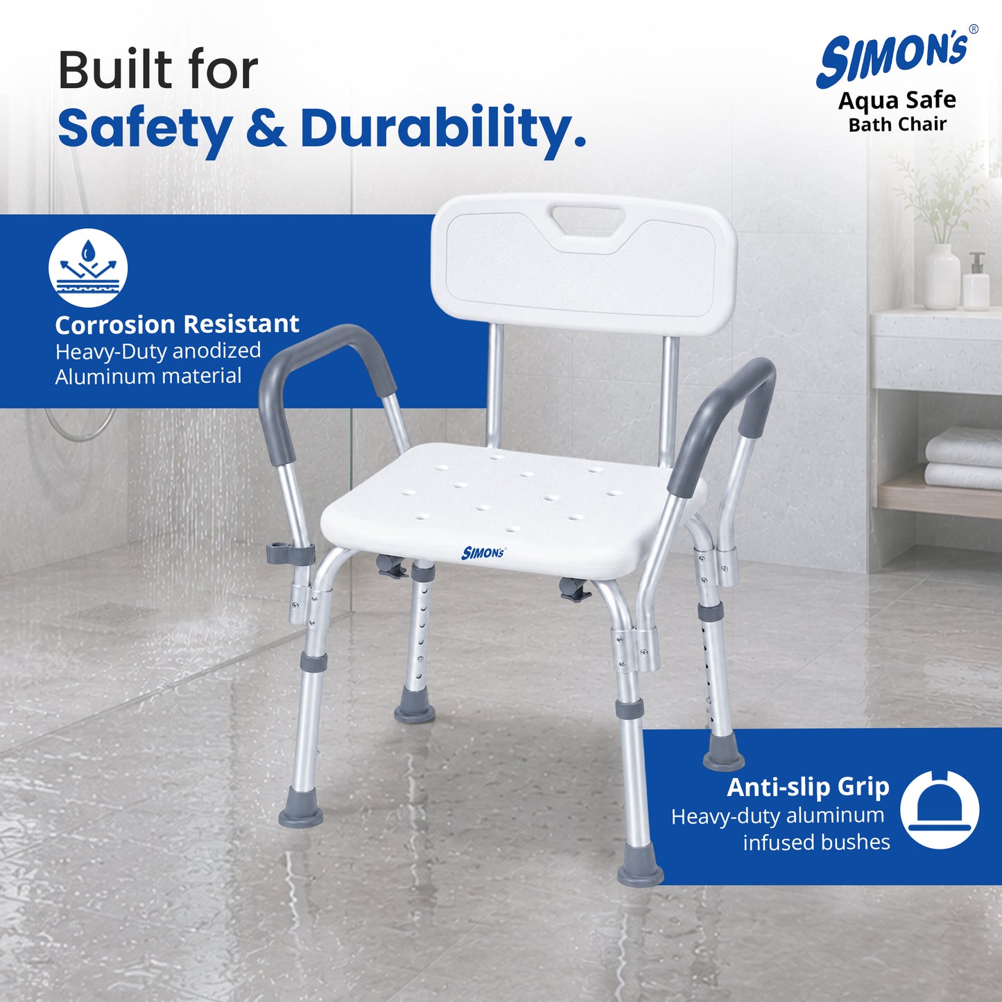 Simon’s Aqua-Safe Heavy-Duty Bath Chair for Elderly, Senior Citizens to sit and take Bath, Shower Bench with Height Adjustable & Tool-Free Assembly
