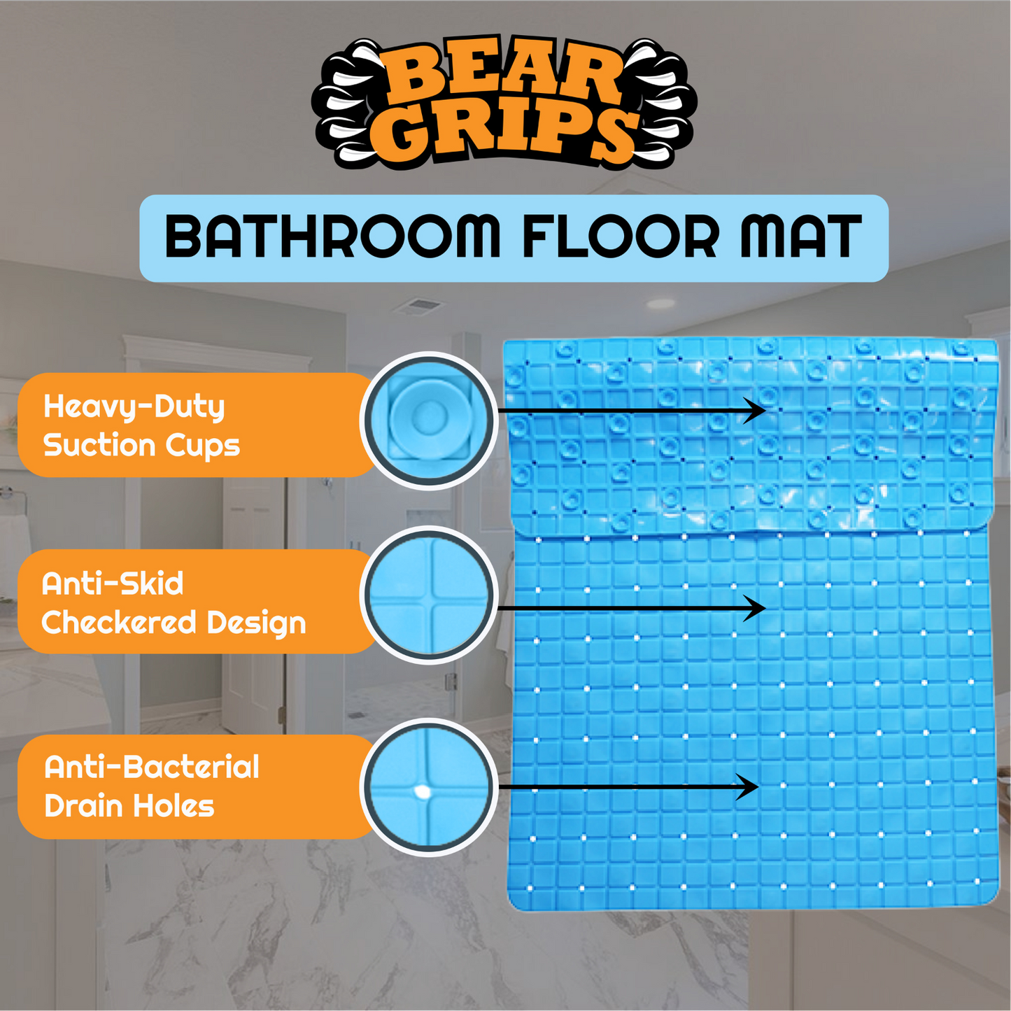 BEAR GRIPS Anti-Slip bathroom floor mat with suction grips(Size: 78 X 46 cm, Sky Blue)