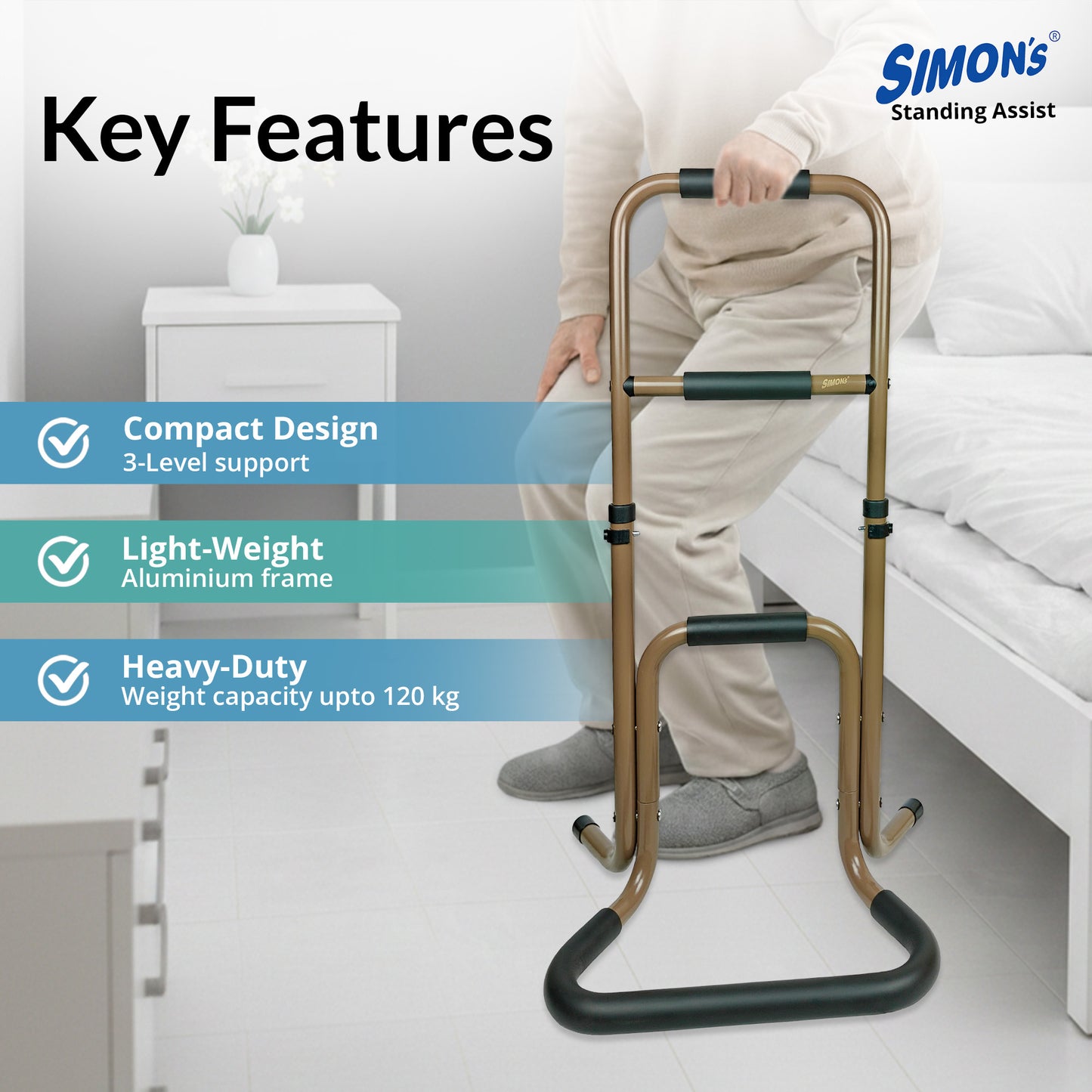 Simon's Elevate Aluminum Standing Assist for Elderly Helps in Sitting and Standing from Chair, Sofa, or Bed with Tri-Level Handgrip and Adjustable Height | Light-Weight Support Stand