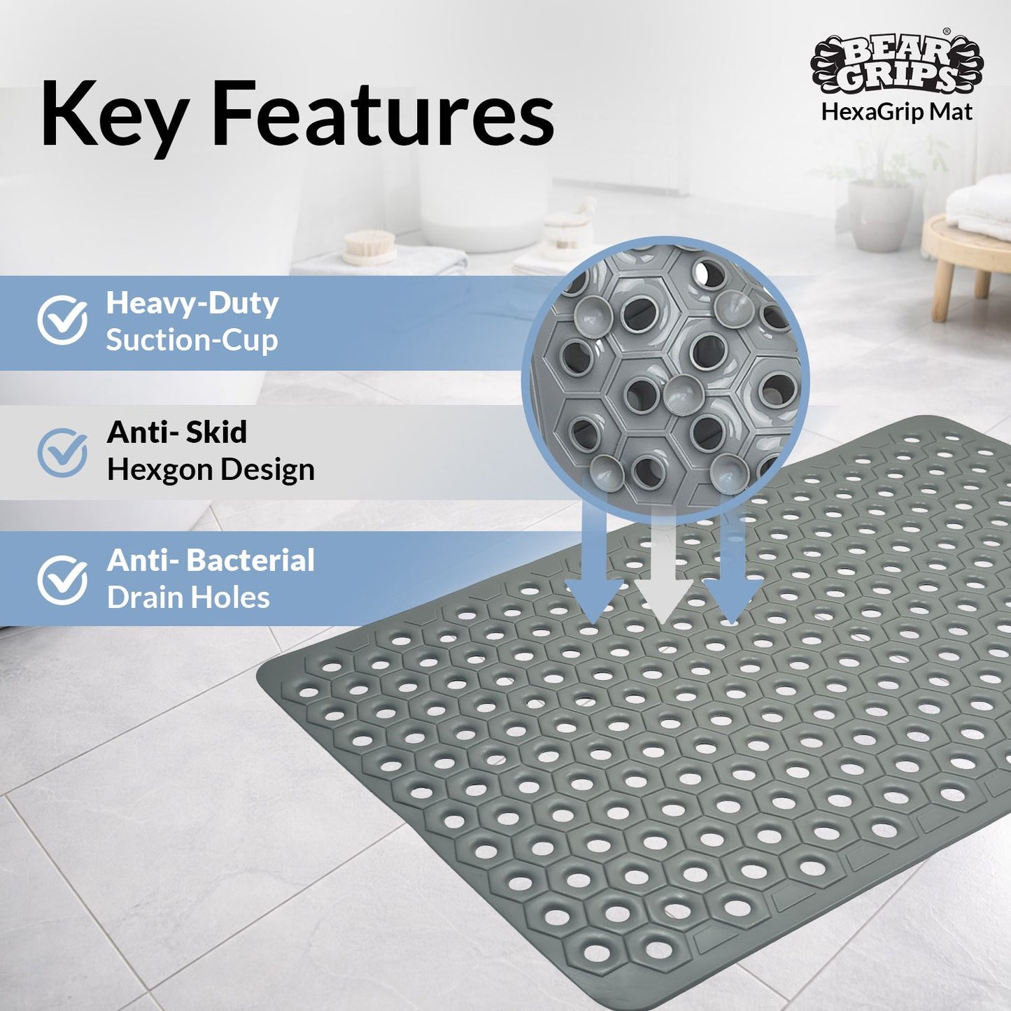 BEAR GRIPS HexaGrip Anti Slip PVC Bathroom Floor Mat, with Anti-Skid Suction Cups and Drain Holes | Ideal for Shower Area, Toilet Floor, Bath Area | Prevent Bathroom Falls - Size 70 X 40 cm - Grey