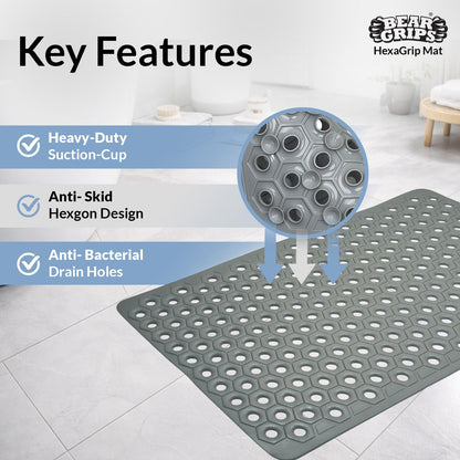 BEAR GRIPS HexaGrip Anti Slip PVC Bathroom Floor Mat, with Anti-Skid Suction Cups and Drain Holes | Ideal for Shower Area, Toilet Floor, Bath Area | Prevent Bathroom Falls - Size 70 X 40 cm - Grey