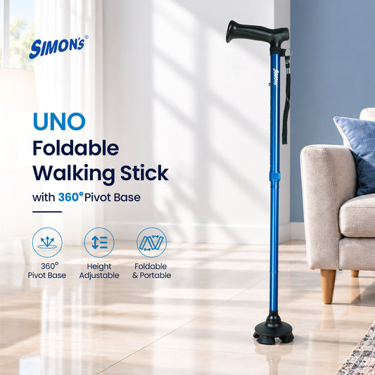 Simon’s Uno Foldable Aluminum Walking Stick with 360° Pivot Base, Foldable & Height Adjustable – Blue