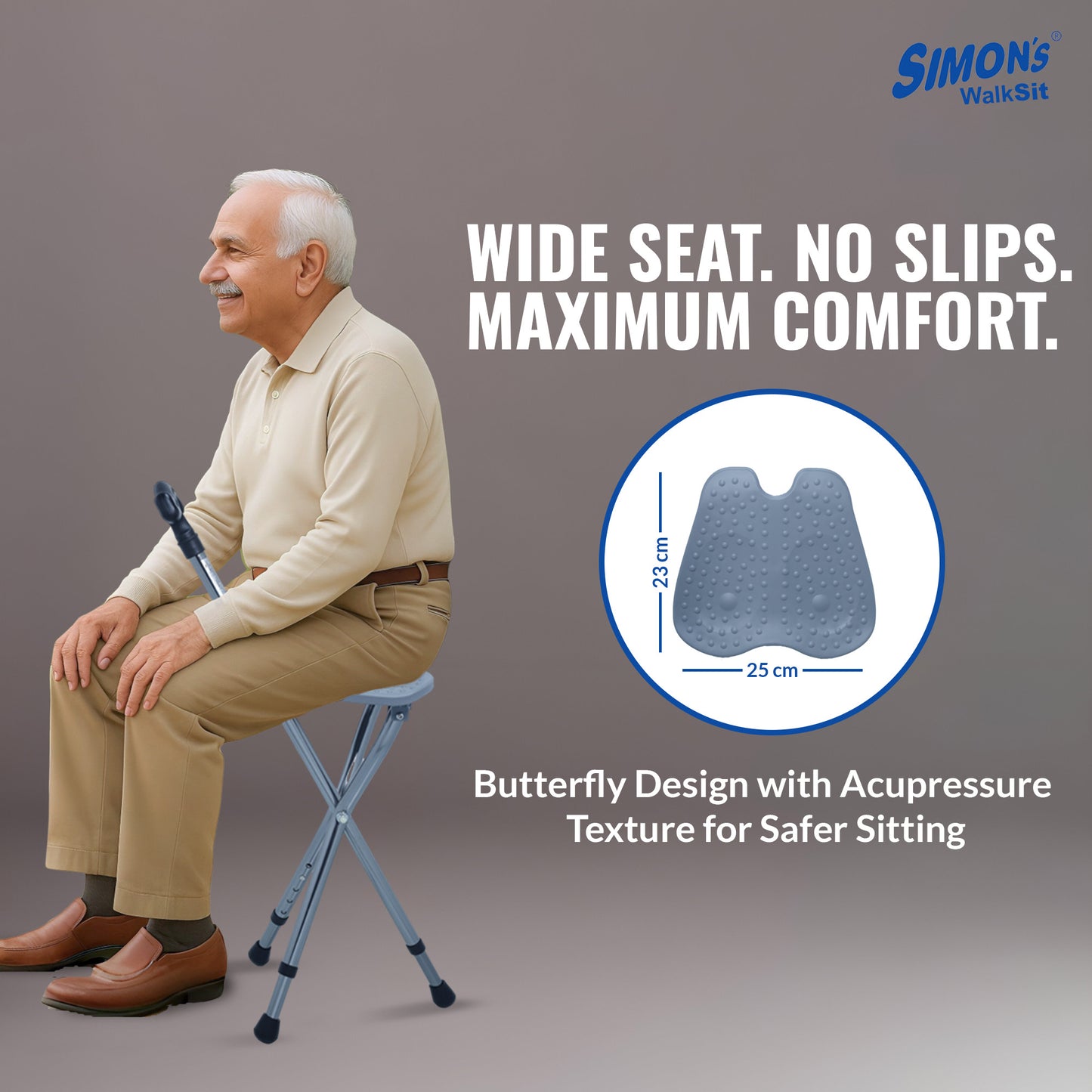 Simon’s WalkSit Walking Stick with Seat Height Adjustable | Broad Seat | 136 Kg Weight Capacity