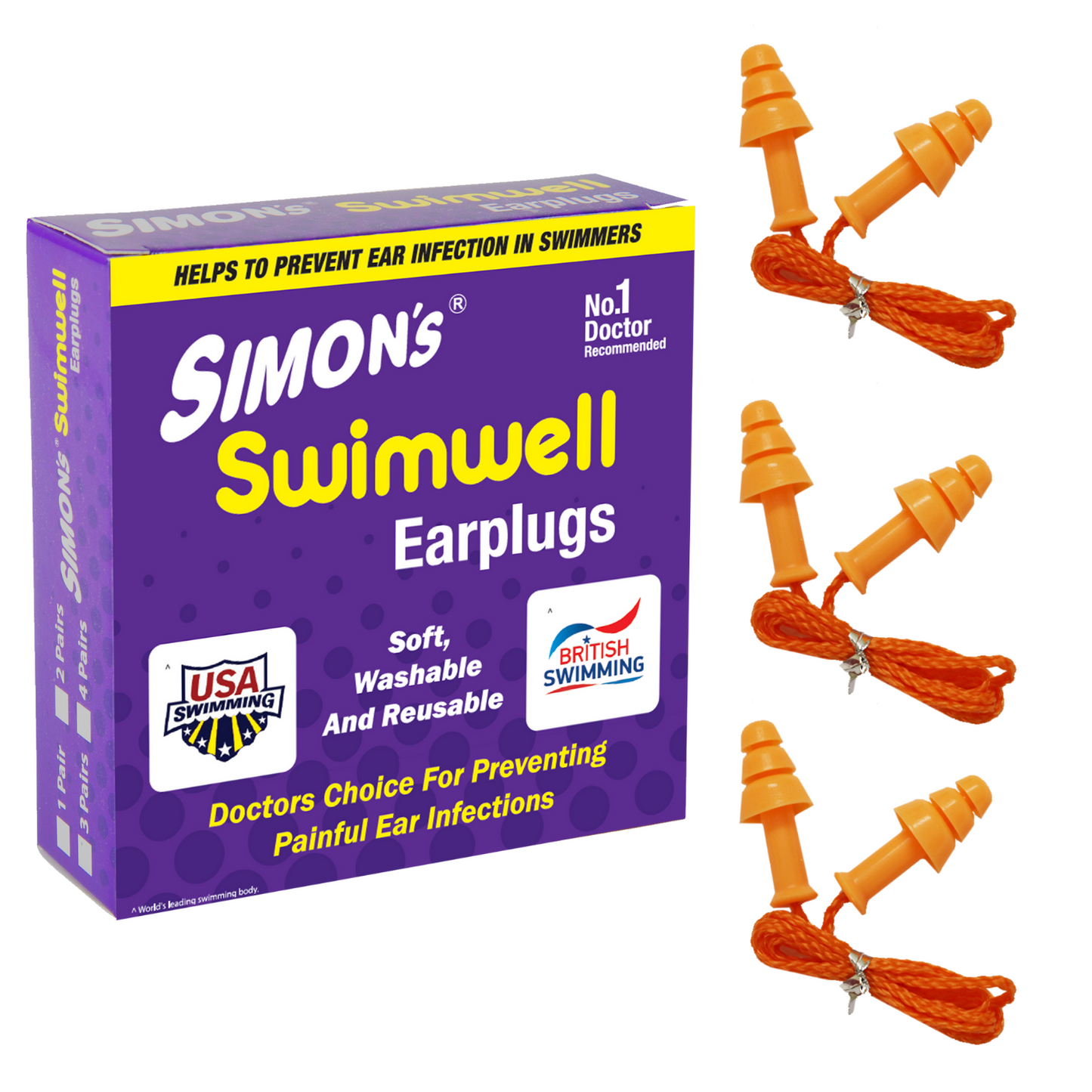 Simon's  - Swimwell Earplugs - 3 Pair Corded Silicon