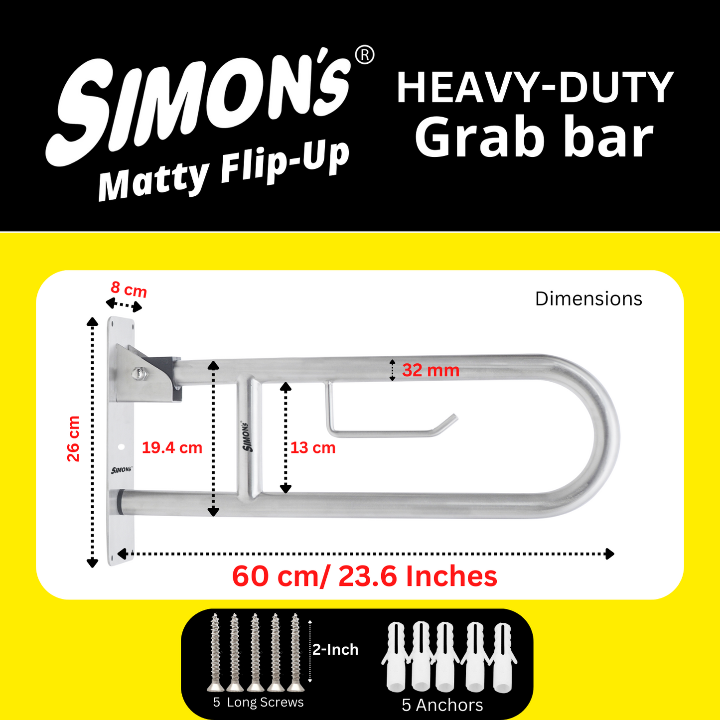 Simon’s Matty Flip-Up Heavy Duty 32mm SS304 Folding Grab bar - 60cm