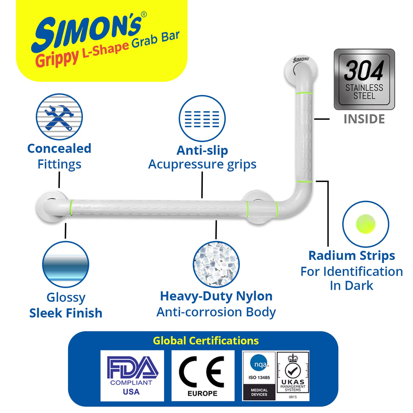 Simon's Grippy Heavy-Duty Nylon + SS304 Inside Bathroom and Toilet Anti Slip 90 Degree Grab bar for Elderly Hand Railing and Safety Handle| White | 3.5 cm Broad, 70cm X 50 cm L-Shape Grab Rail