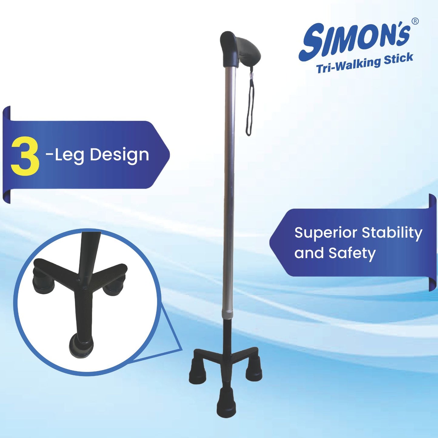 Simon’s Aluminum Walking Stick with 3-Legs | Lightweight Height Adjustable Hand Stick for Elderly, Handicapped and Patients Walking Support | Tripod Legs| Color – Steel Grey & Black