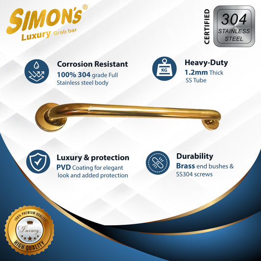 Simon’s Luxury 100% Stainless Steel 304 Heavy Duty Grab bar for Bathroom handrailing and Safety Handle for Elderly - Gold Color