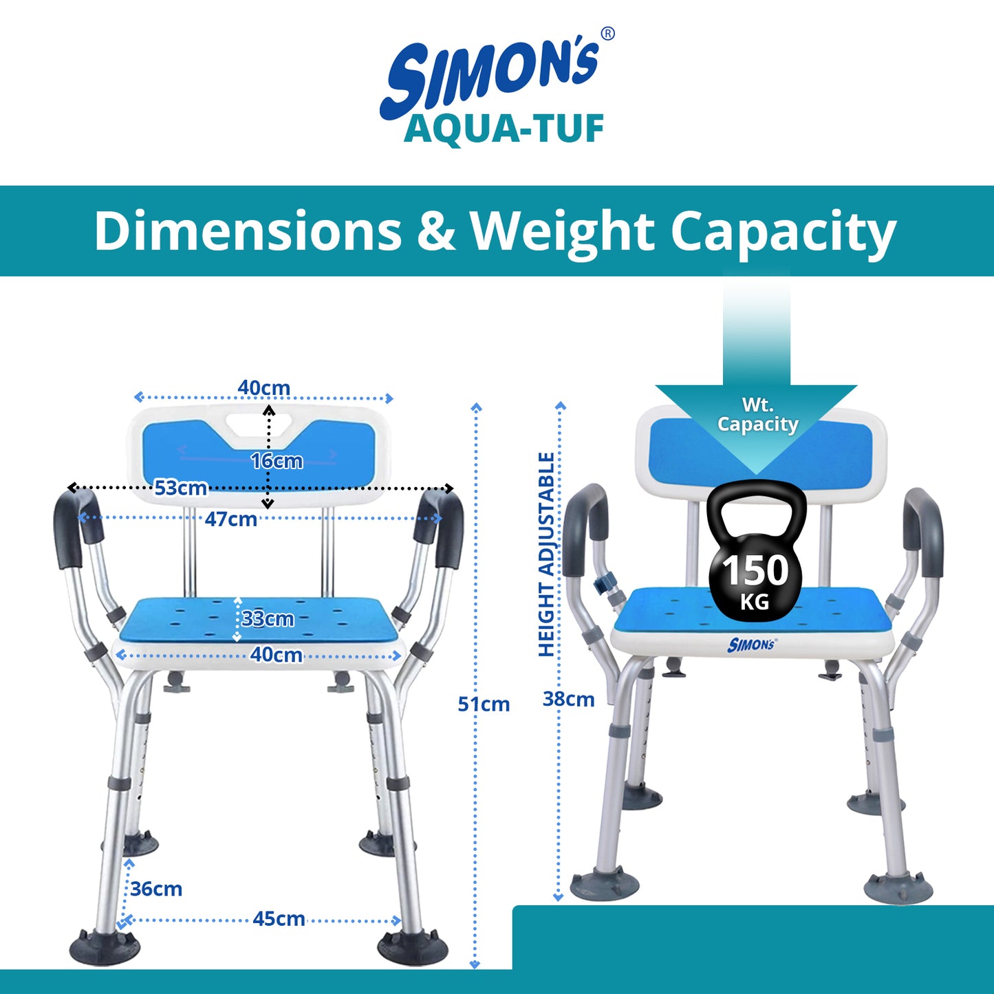 Simon’s Aqua-TUF Heavy-Duty Bath Chair for Elderly, Senior Citizens to sit and take Bath, Shower Bench with Jumbo Suction Grips Base | Height Adjustable & Tool-Free Assembly - Blue - Pack of 1
