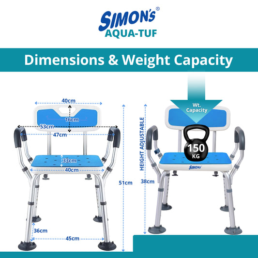Simon’s Aqua-TUF Heavy-Duty Bath Chair for Elderly, Senior Citizens to sit and take Bath, Shower Bench with Jumbo Suction Grips Base | Height Adjustable & Tool-Free Assembly - Blue - Pack of 1