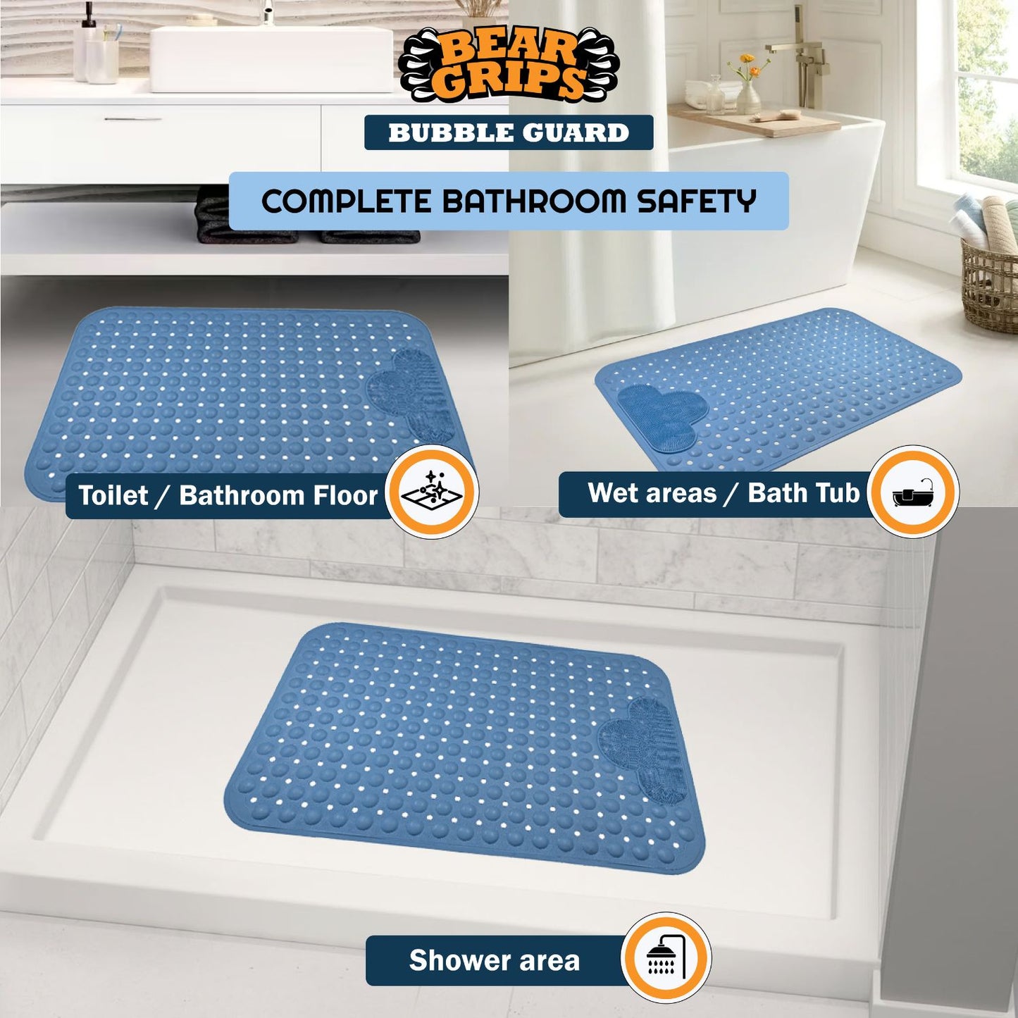 BEAR GRIPS BubbleGuard Anti-Slip Bathroom Shower mat with Anti-Skid Suction Cups and Foot Scrub | TPE Material | Large Size 80 X 50 Cm| Sky Blue
