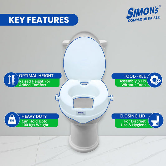 Simon’s Heavy-Duty 4 Inch Commode seat raiser with lid cover – for elderly to sit and rise from commode toilets, portable seat extension for senior citizen with knee pain - Pack of 1
