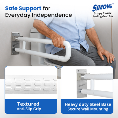 Simon’s Grippy Classic Folding Grab Bar for Elderly, Seniors | Toilet & Commode Safety Support Handle | ABS Outer Tube + SS304 Reinforced Core | Corrosion-Resistant | 60 cm | Pack of 1