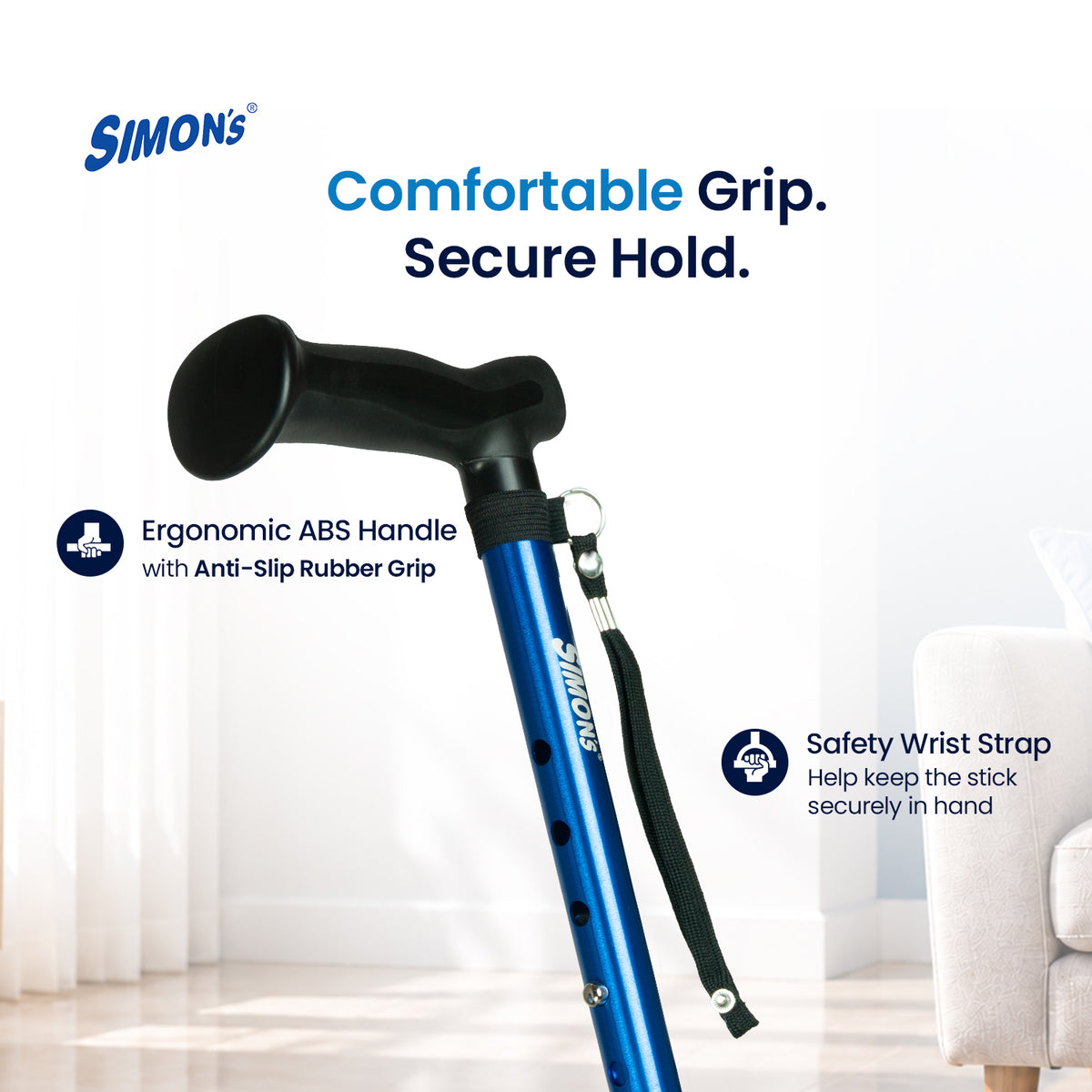 Simon’s Uno Foldable Aluminum Walking Stick with 360° Pivot Base, Foldable & Height Adjustable – Blue
