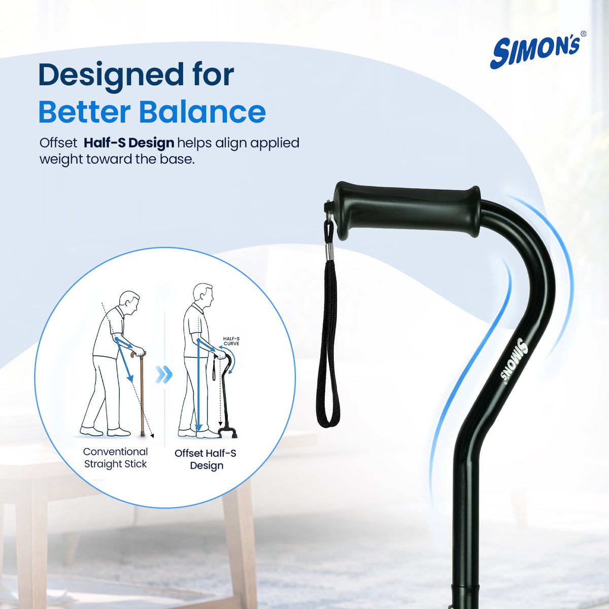 Simon’s Quadra Aluminum Walking Stick with Four-Leg Base, Height Adjustable – Black